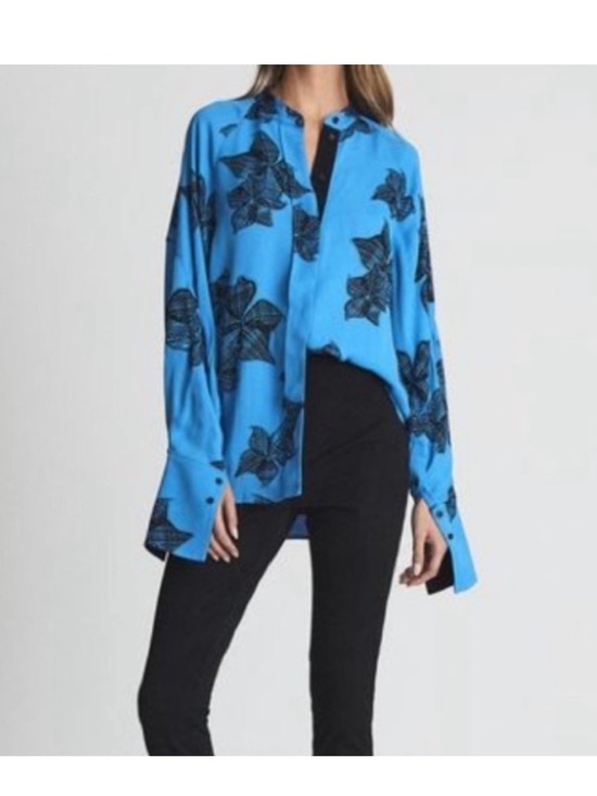 Reiss Tops - Reiss Harris Button Down Tunic Shirt Blouse Blue Black Floral Office Size 6